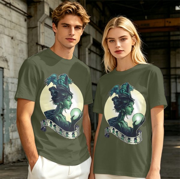 Olive Witch Graphic T-Shirt With Winged Monkey And Crystal Ball