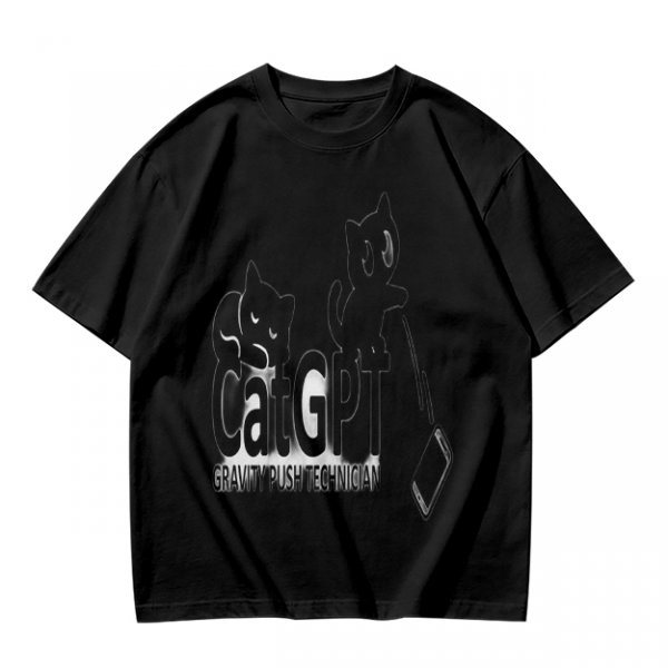 Olive green graphic t-shirt with CatGPT and mischievous cat prints
