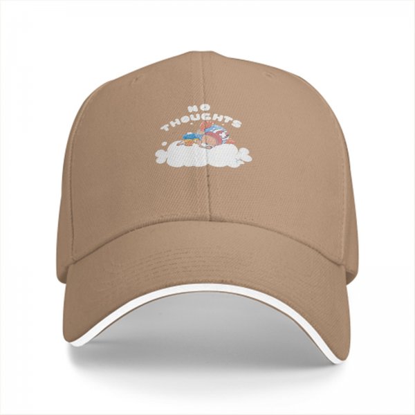 Black baseball cap with no thoughts sleeping character on cloud graphic