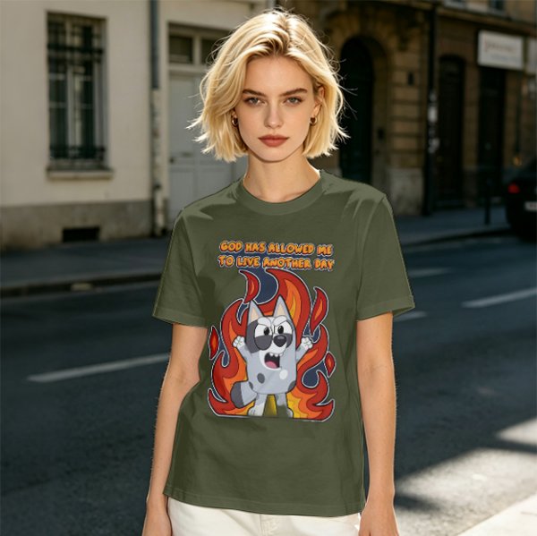 Olive t-shirt with cartoon dog and 'God has allowed me to live another day' print