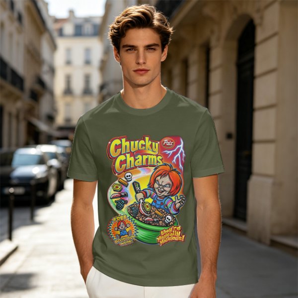 Chucky Charms Horror Cereal Themed Graphic T-Shirt
