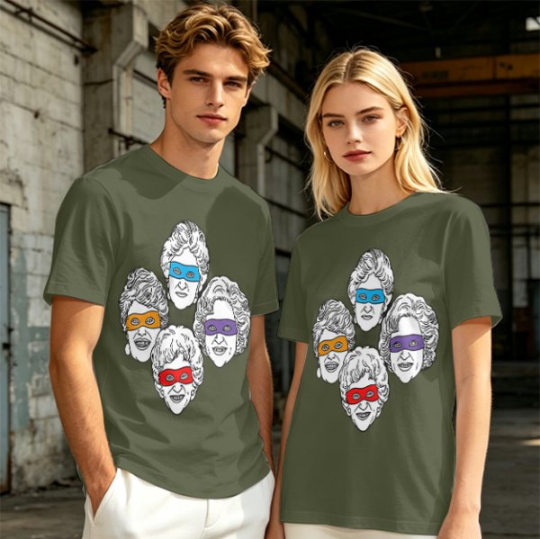 Olive T-Shirt With Golden Girls Ninja Turtle Masks Graphic