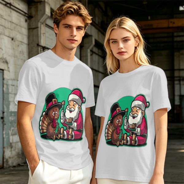 Olive T-Shirt with Santa and Thanksgiving Turkey Graphic