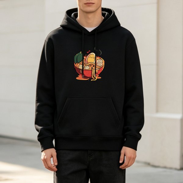 Black Hoodie With Cute Ramen Bowl Graphic Design