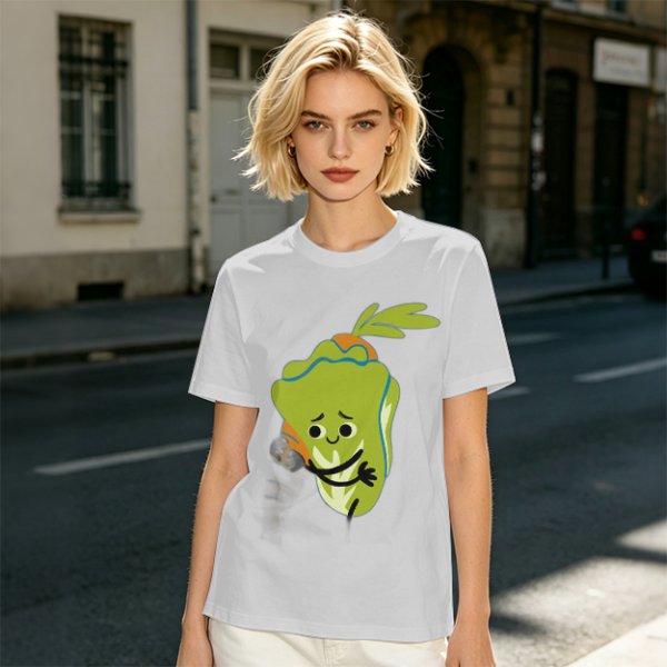 Olive Green T-Shirt With Sad Cartoon Cabbage Graphic