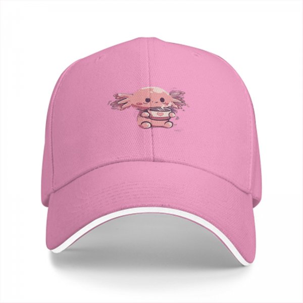 Black baseball cap with cute axolotl holding a heart mug design