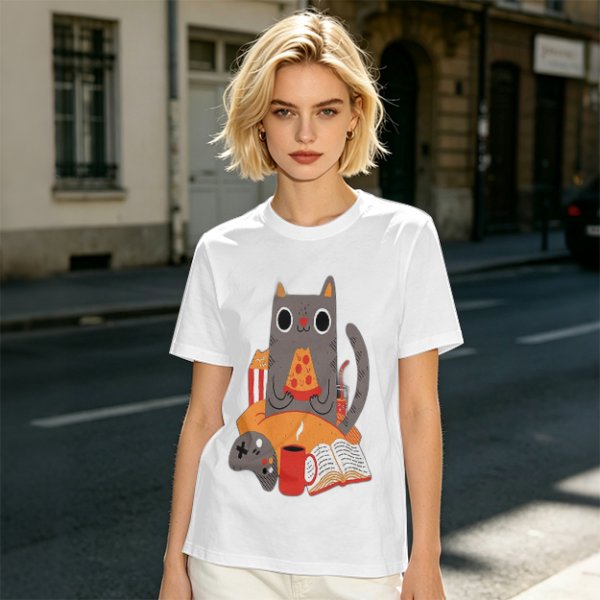 Olive T-Shirt With Cozy Cat Eating Pizza And Gaming Print