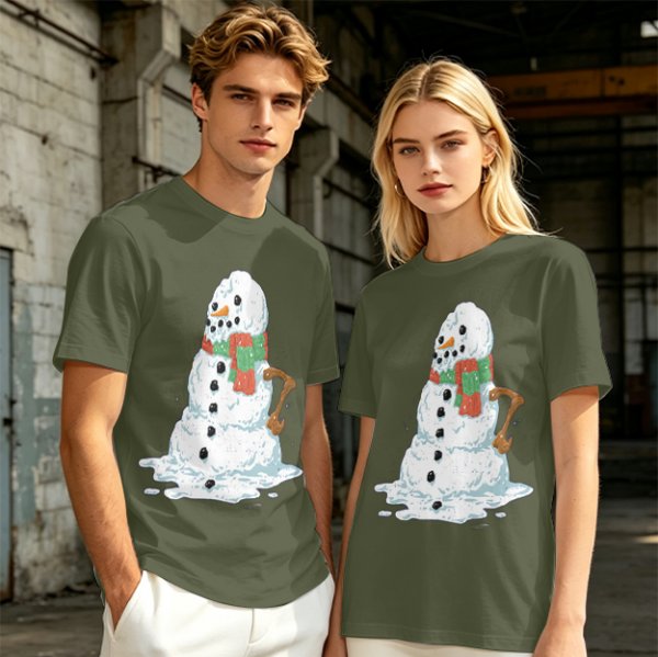 Olive T-Shirt With Melting Snowman Christmas Print
