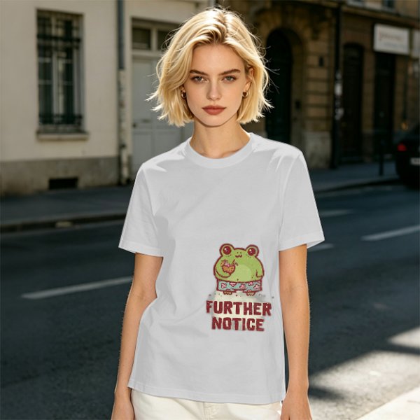 Olive T-Shirt with Cute Frog Graphic and Further Notice Text