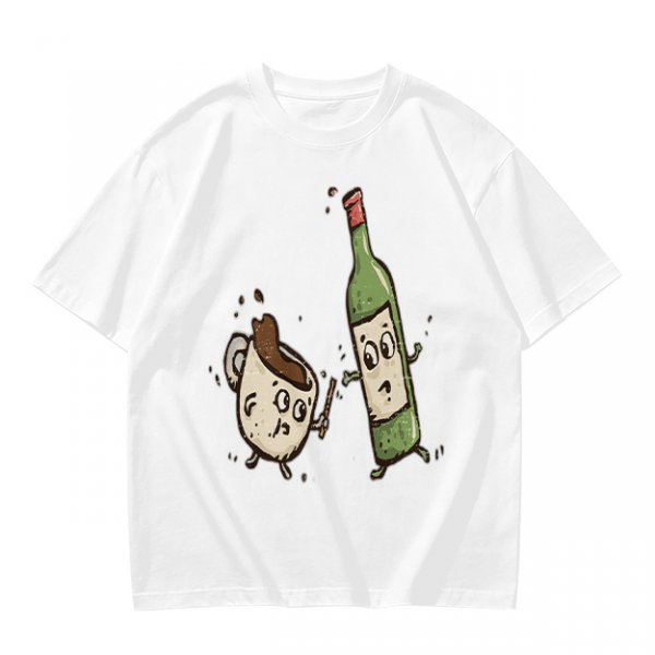 Olive T-Shirt With Cartoon Coffee Mug And Wine Bottle Print