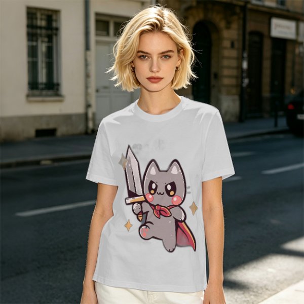 Olive T-shirt with cute warrior cat holding a sword graphic