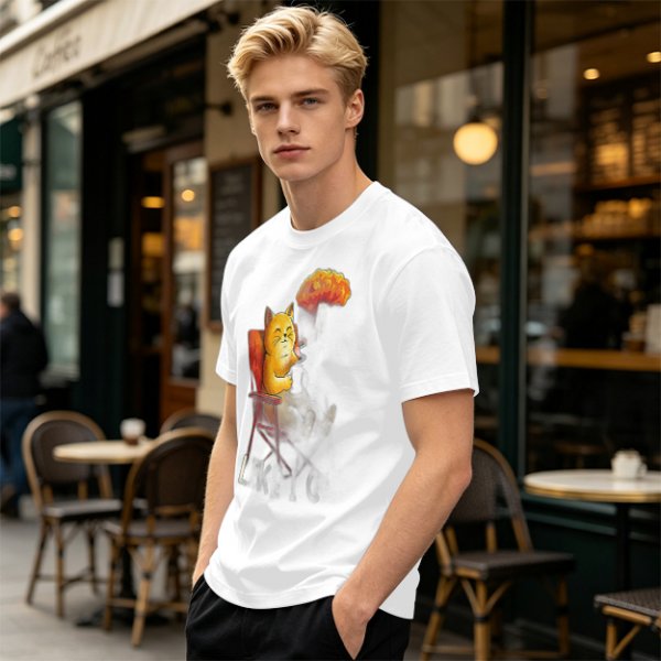 Olive T-Shirt Featuring a Relaxed Cat on a Chair with Fried Chicken Print