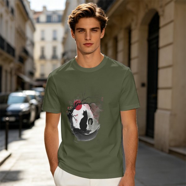 Olive T-Shirt with Japanese Style Cat and Red Sun Art Print