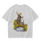 Olive T-shirt with fantasy characters balancing on a log over a stream