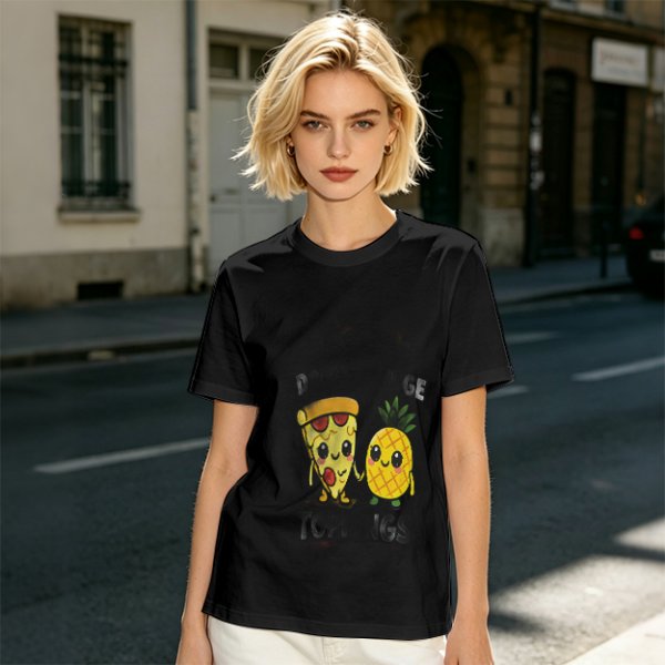 Olive T-shirt with Cute Pizza and Pineapple Cartoon Print