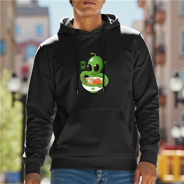 Black Hoodie With Cute Alien Eating Ramen Graphic