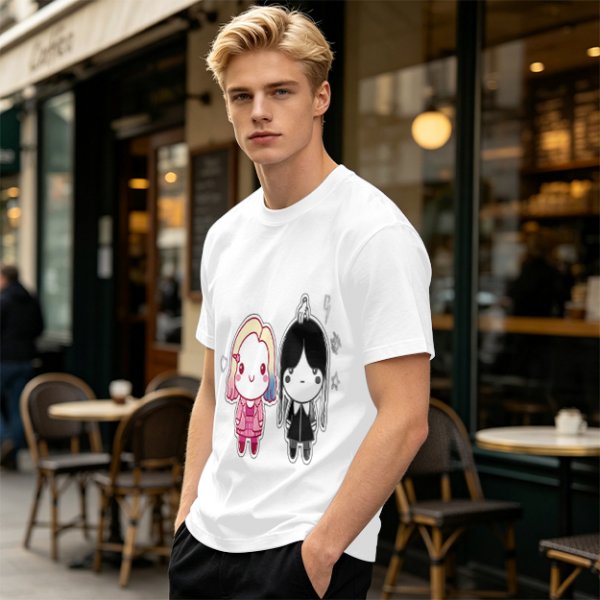 Olive T-Shirt with Chibi Wednesday Addams and Enid Sinclair Print
