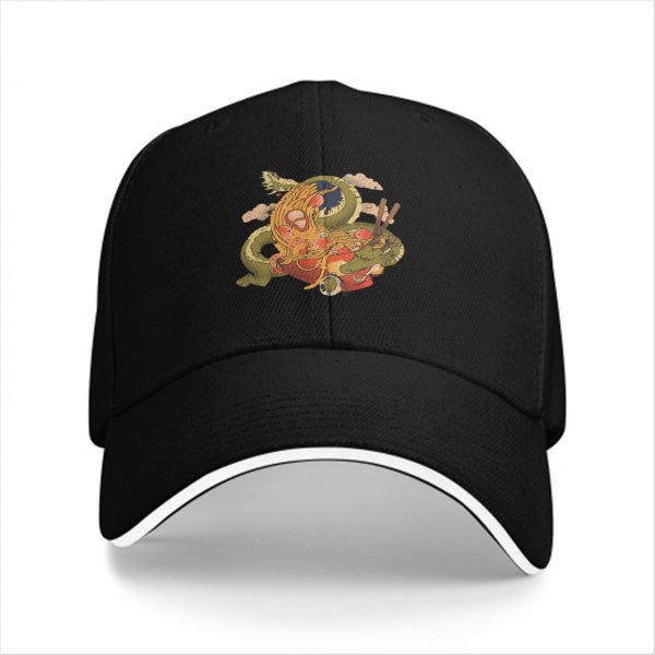 Black Baseball Cap with Japanese Ramen Dragon Art Print