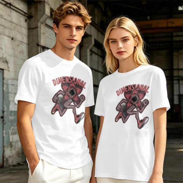 Olive green t-shirt with dimensional demogorgon graphic print