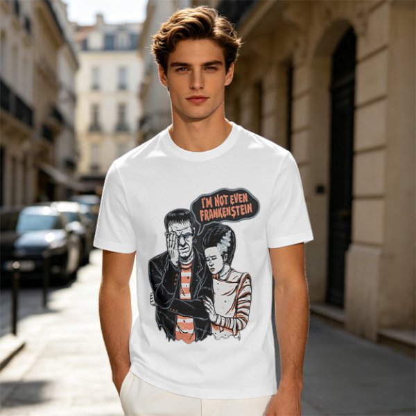 Olive T-shirt with Frankenstein and Bride 'I'm Not Even Frankenstein' Print