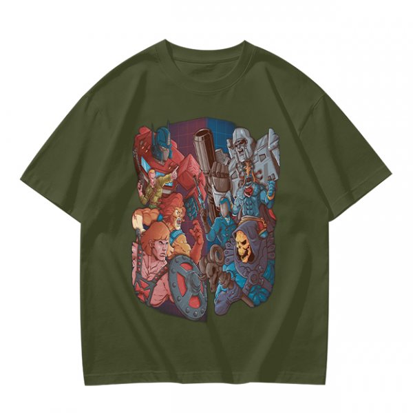 Olive T-shirt with 80s cartoon character crossover graphic