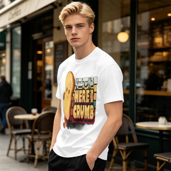 Olive graphic tee with playful bread character and 'Ready or Not Here I Crumb' text