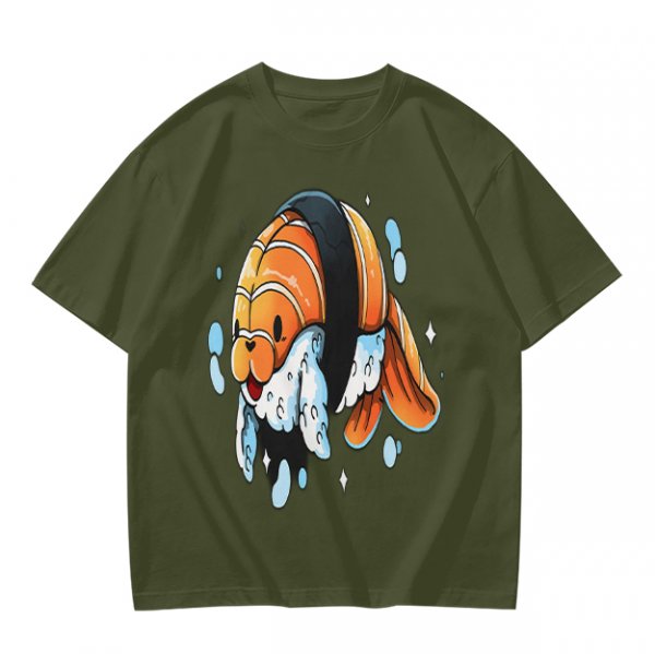 Olive T-Shirt With Cute Clownfish Sushi Graphic Print