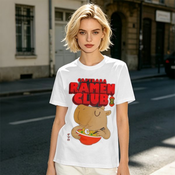 Capybara Ramen Club T-Shirt with Cute Capybara Eating Ramen Design