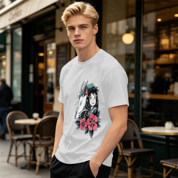 Olive T-shirt with Spirited Away Haku and Chihiro Anime Art Print