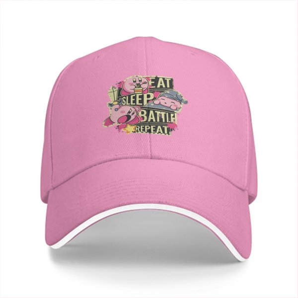 Black baseball cap with Eat Sleep Battle Repeat Kirby graphic