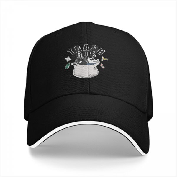 Black baseball cap with Trash Club graphic featuring cartoon mouse in trash can