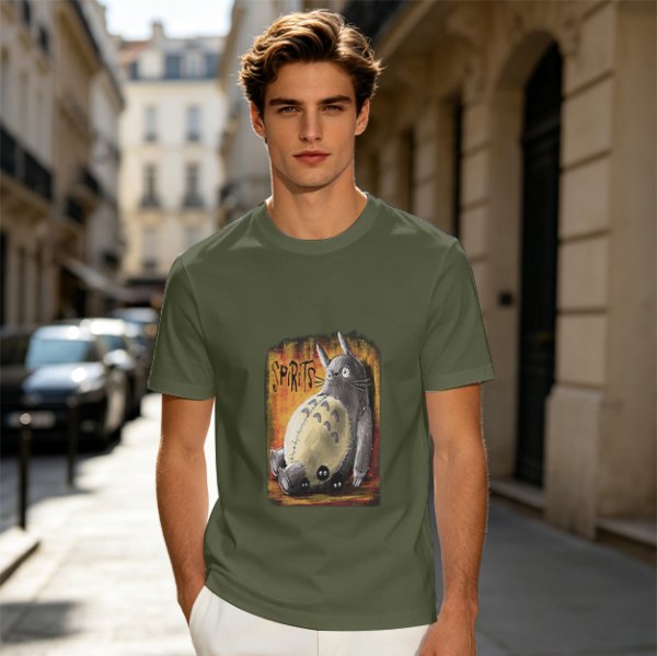 Olive green t-shirt with Totoro 'Spirits' graphic print