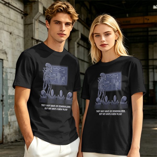 Olive green t-shirt with alien teaching plan graphic and funny text