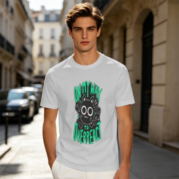 Oversized Olive T-Shirt With 'On My Way To Overreact' Cat Graphic