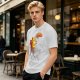Olive T-Shirt Featuring a Relaxed Cat on a Chair with Fried Chicken Print