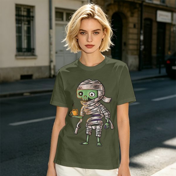 Olive T-Shirt With Cute Mummy Holding Hot Coffee Print