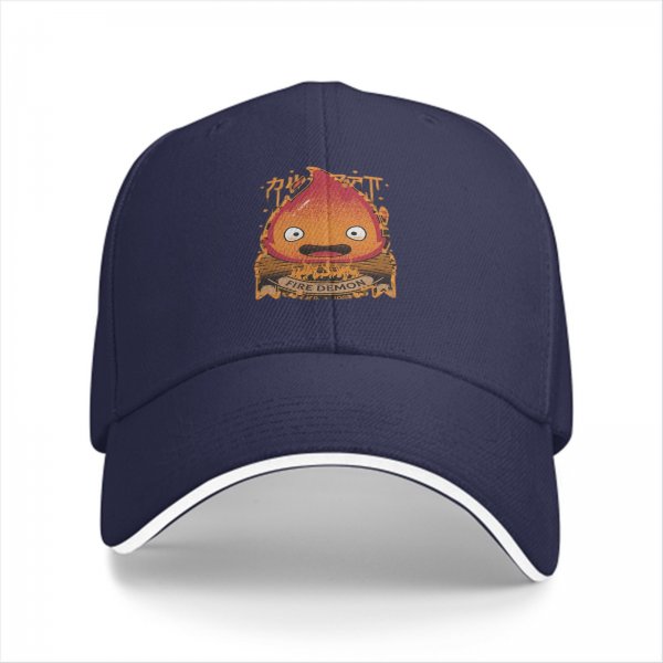 Black Baseball Cap With Calcifer Fire Demon Graphic Design