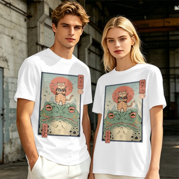 Olive T-shirt with Samurai Cat Riding Giant Frog Japanese Art Print