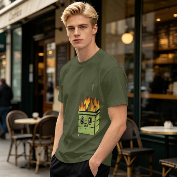 Olive Green T-Shirt With Cartoon Burning Dumpster Graphic