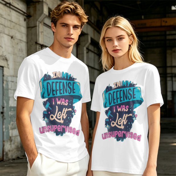 Olive t-shirt with 'In My Defense I Was Left Unsupervised' graphic