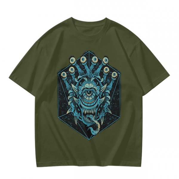 Olive T-Shirt With Blue Beholder Monster Graphic Print