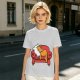 Olive green t-shirt with a sleeping orange cat on a red armchair print