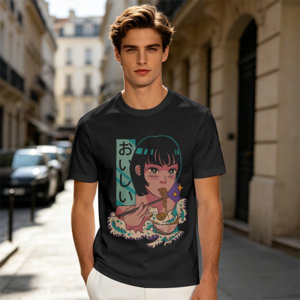 Olive anime graphic t-shirt with girl eating ramen and Japanese text