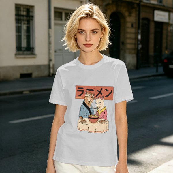 Olive T-Shirt With Cats Eating Ramen Japanese Art Print