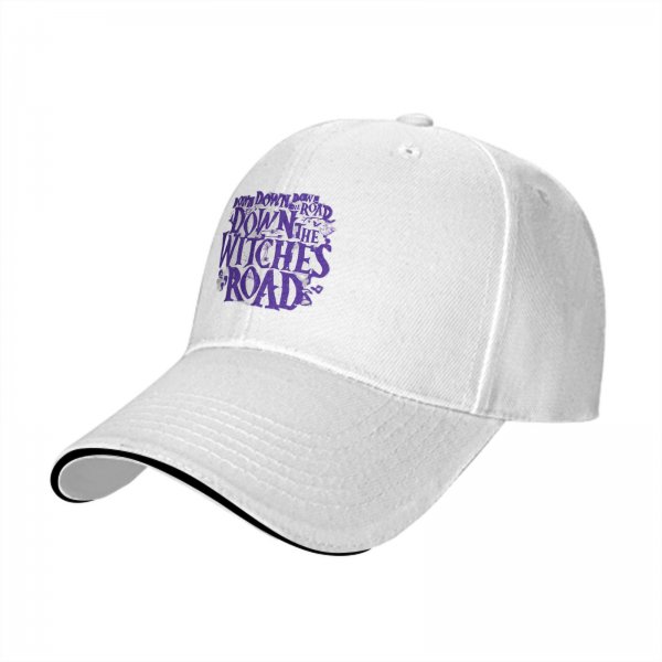 Black baseball cap with 'Down the Witches Road' Halloween themed print