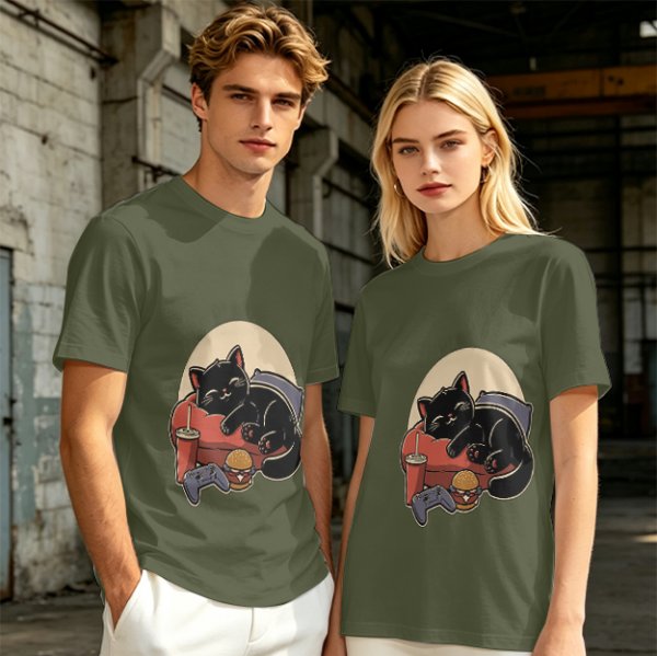 Olive T-Shirt with Relaxed Black Cat Gaming Snack Print