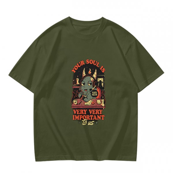 Olive t-shirt with devil call center graphic and 'Your Soul Is Very Important To Us' text