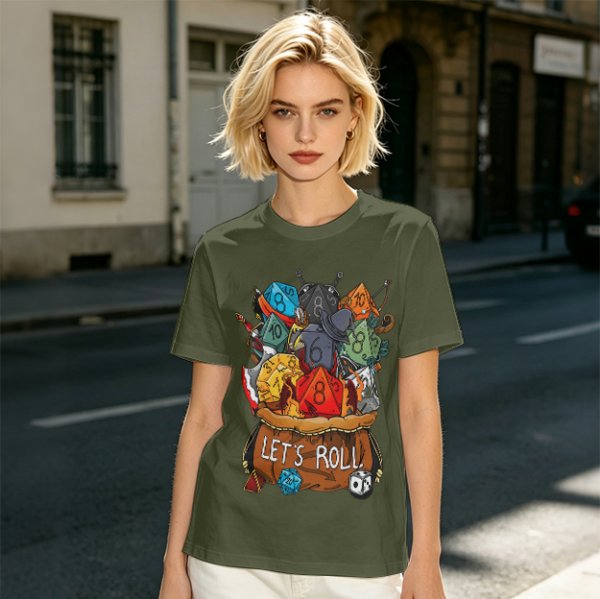 Olive Dungeons and Dragons Dice Bag Let's Roll Graphic T-Shirt