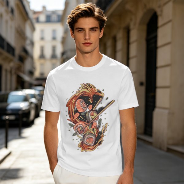 Olive T-shirt with Sushi Dragon Chopstick Art Print