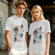 Olive green graphic tee with coffee cup illustrations and playful coffee text